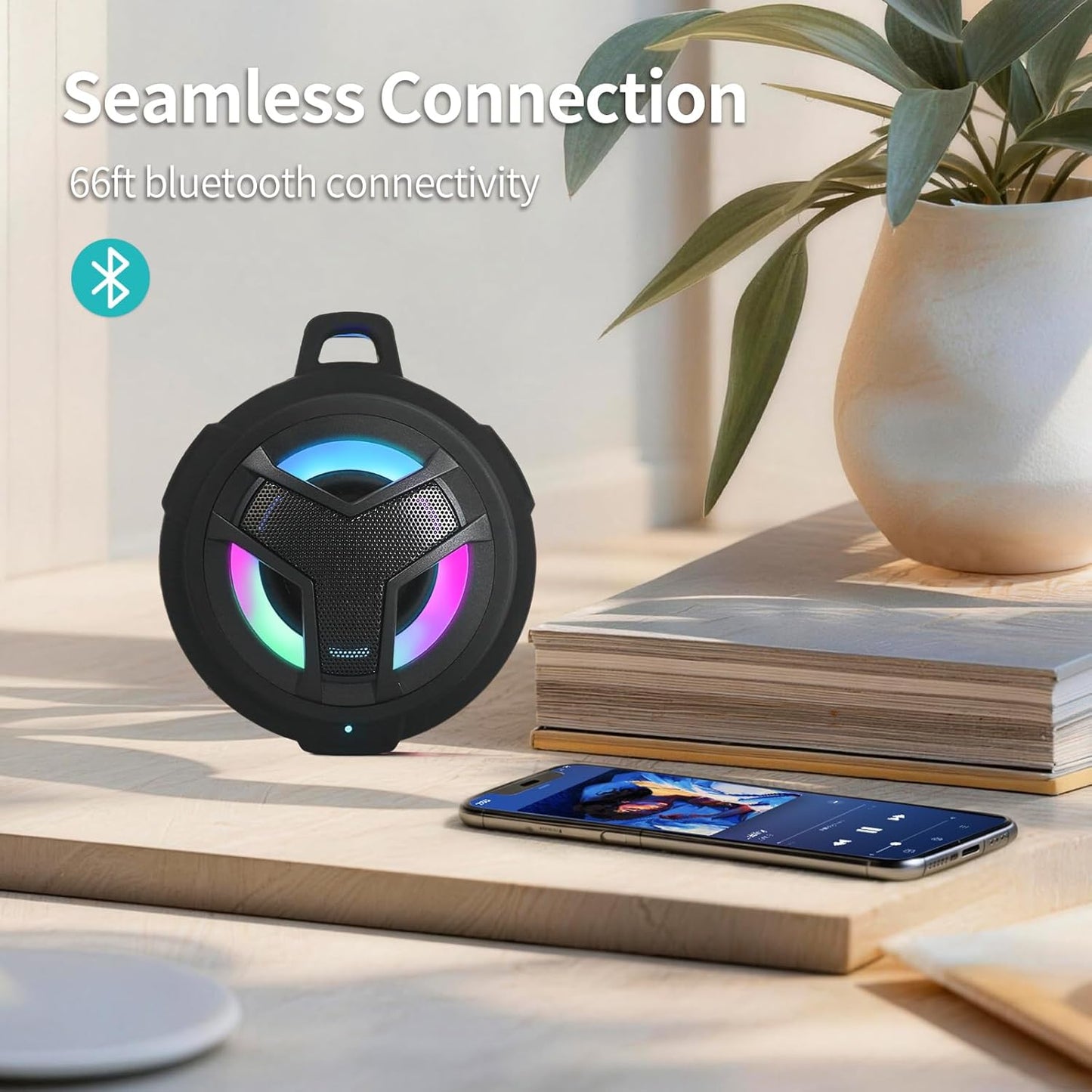 Bluetooth Shower Speaker, Waterproof Portable Bluetooth Speakers, IP67 Waterproof Wireless Speaker with LED Light, Floating, 2000Mah, True Wireless Stereo for Kayak, Beach,Gifts for Men -Black