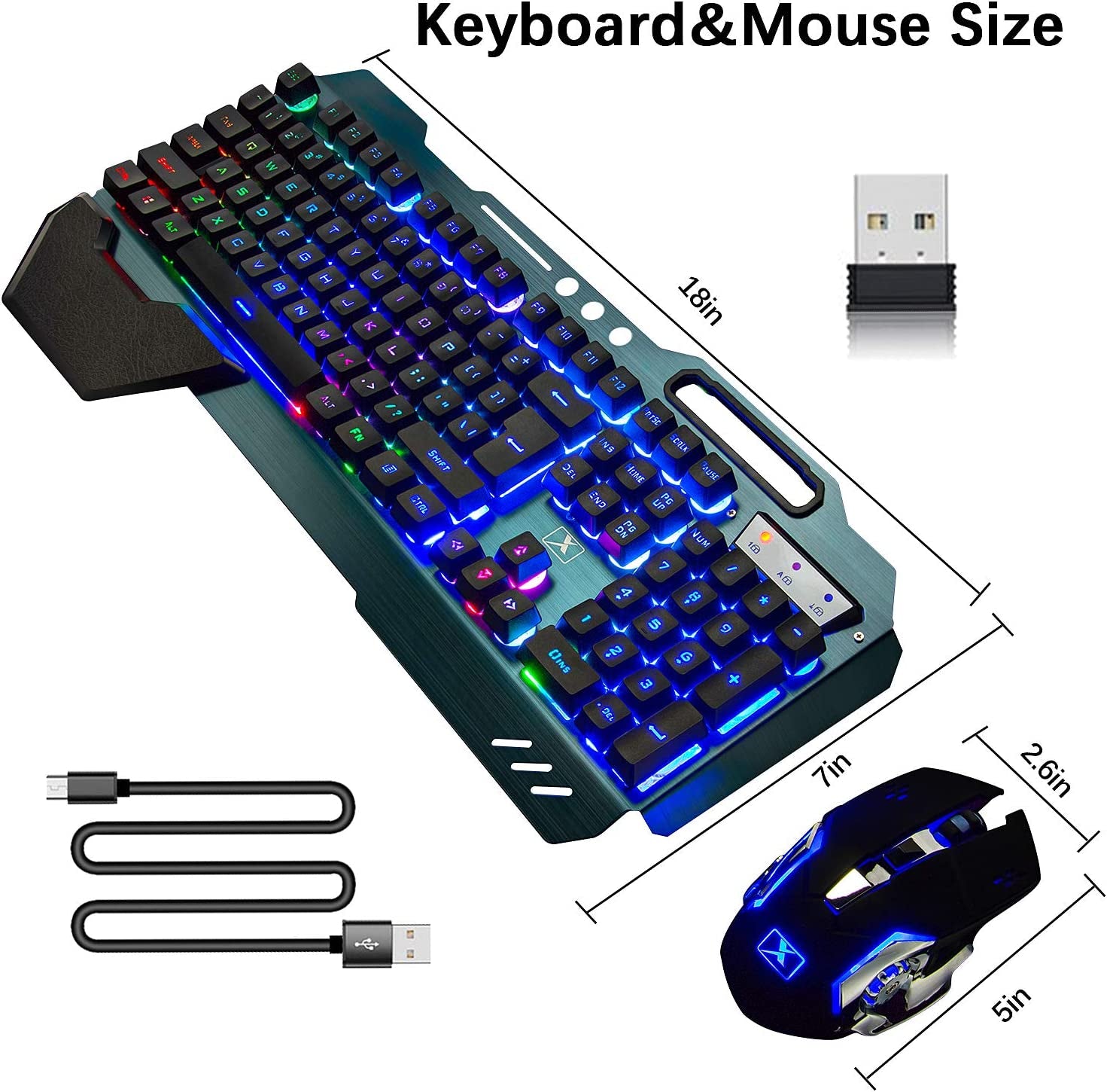 Wireless Gaming Keyboard and Mouse,Rainbow Backlit Rechargeable Keyboard Mouse with 3800Mah Battery Metal Panel,Removable Hand Rest Mechanical Feel Keyboard and 7 Color Gaming Mute Mice for PC Gamers