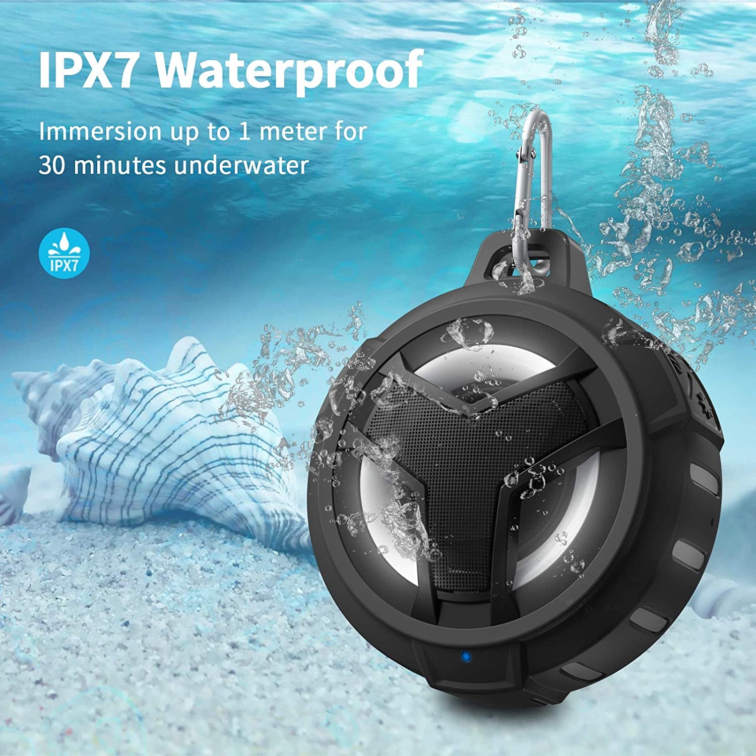 Bluetooth Shower Speaker, Waterproof Portable Bluetooth Speakers, IP67 Waterproof Wireless Speaker with LED Light, Floating, 2000Mah, True Wireless Stereo for Kayak, Beach,Gifts for Men -Black