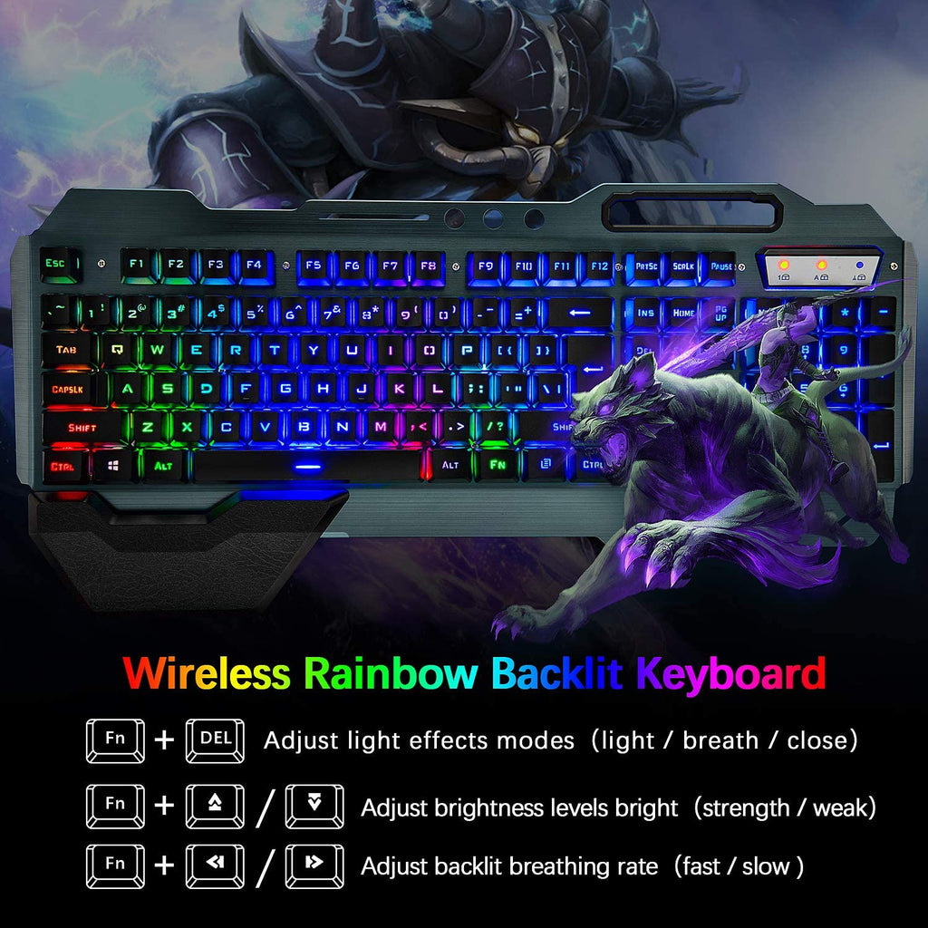 Wireless Gaming Keyboard and Mouse,Rainbow Backlit Rechargeable Keyboard Mouse with 3800Mah Battery Metal Panel,Removable Hand Rest Mechanical Feel Keyboard and 7 Color Gaming Mute Mice for PC Gamers