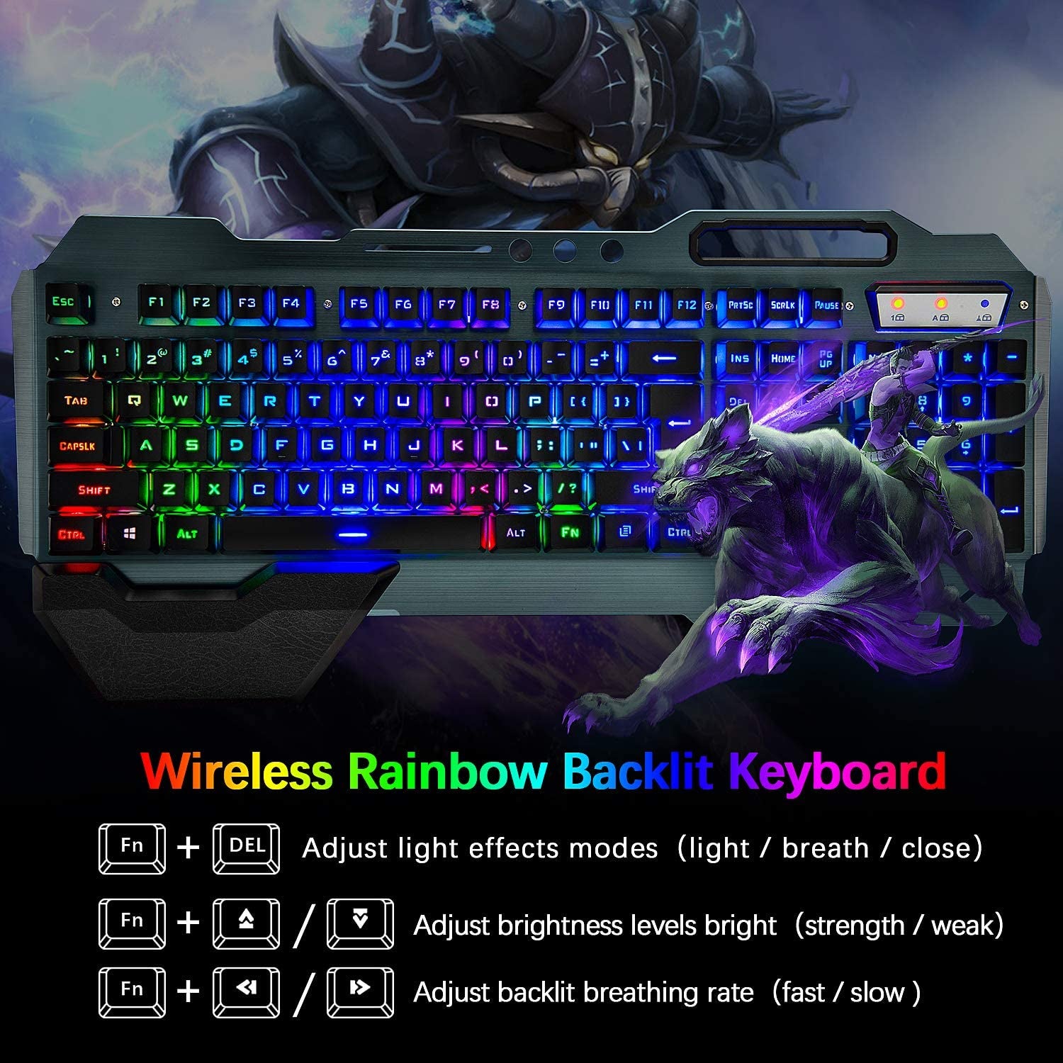 Wireless Gaming Keyboard and Mouse,Rainbow Backlit Rechargeable Keyboard Mouse with 3800Mah Battery Metal Panel,Removable Hand Rest Mechanical Feel Keyboard and 7 Color Gaming Mute Mice for PC Gamers