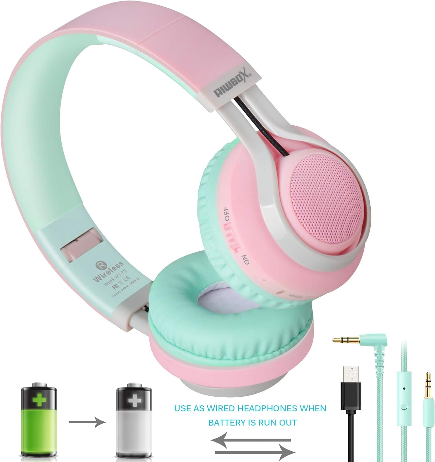 WT-7S Bluetooth Headphones Light Up, Foldable Stero Wireless Headset with Microphone and Volume Control for Pc/Cell Phones/Tv/Ipad (Pink Green)
